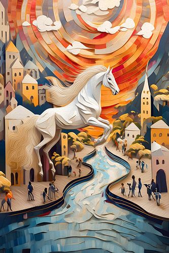 Fantasie miniatuur stad met rivier waar een paard overheen springt