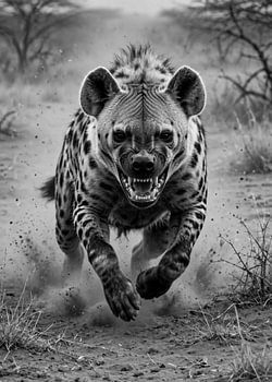 Aggressive spotted hyena charging forward with a fierce snarl in a black and white wildlife scene.