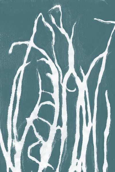 Moderne botanische kunst. Wit gras op groenblauw van Dina Dankers
