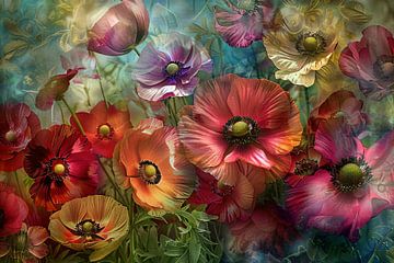 Kleurrijke abstracte impressie van diverse bloemen van De Muurdecoratie