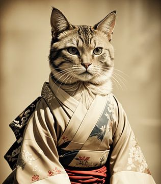 Samurai Kat Katachtige Elegantie in Traditionele Kimono van Fukuro Creative