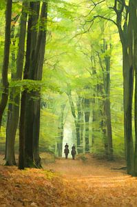 Forest painting. creative adaptation of a photo of 2 horses between tall tree trunks in a forest