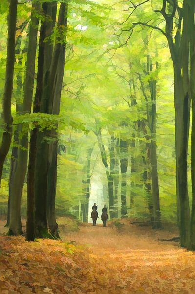 Forest painting. creatieve bewerking van een foto van 2 paarden tussen hoge boomstammen in een bos van Birgitte Bergman