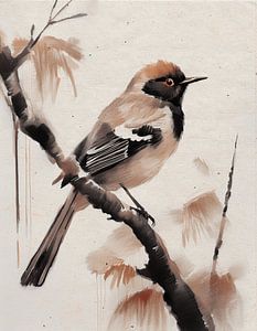 Traditioneller orientalischer Kacho-ga-Druck: Kleiner Singvogel auf einem Ast