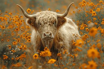 Scottish Highlander dans une mer de fleurs sur Felix Brönnimann