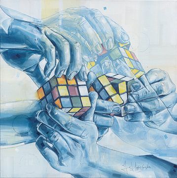 'Doorzettingsvermogen' Rubiks kubus schilderij van Jos Hoppenbrouwers
