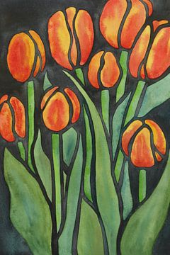 Forest orange tulips (watercolour painting Netherlands clean lines green cheerful flower bulbs black by Natalie Bruns