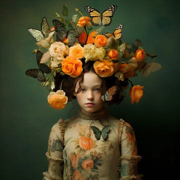 Fille avec des fleurs orange vif et des papillons sur Danny van Eldik - Perfect Pixel Design
