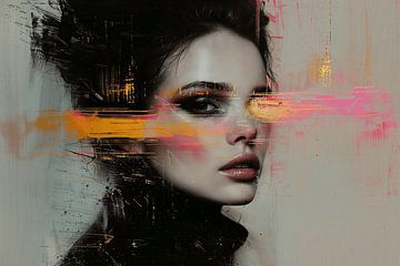 Modern abstract portret met neon accenten van Carla Van Iersel