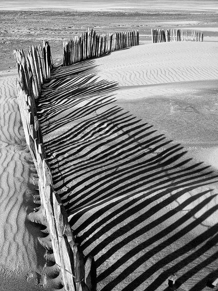 Schaduwspel van houtenhek op strand van René Glas