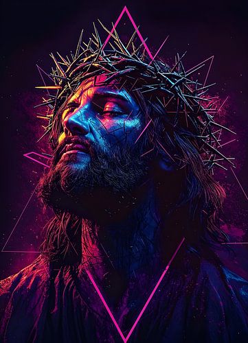 Neon Geometrische Jezus met Kroon
