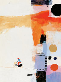 Fietser door de kleurrijke stad, abstract schilderij van Lina van Oers