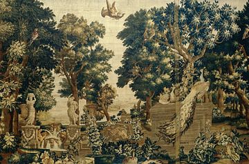 Een bos- en riviergezicht met vogels, een fontein en een grafmonument, Alexander Baert