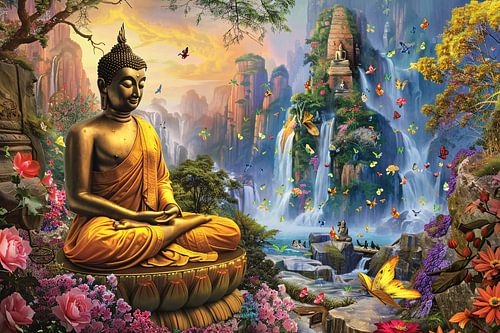 Serene Boeddha en Watervallen in Paradijselijke Natuur
