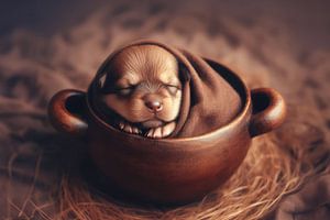 Newborn puppy in een houten tas van Ellen Van Loon