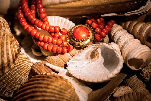 Stilleben mit Blutkorallen-Halskette