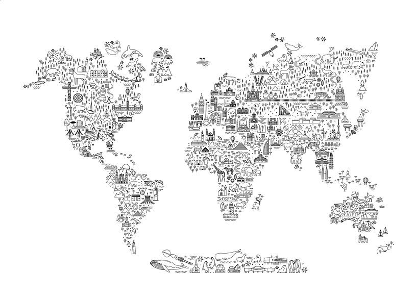 Fine Line World Map en noir et blanc par www.annemiekebezemer.nl
