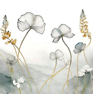 Botanical illustration: Fragile flowers in grey and gold by Studio Pieternel