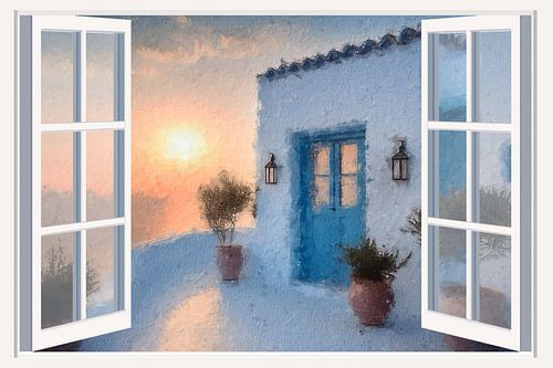 Grieks huis bij zonsondergang (mixed media, kunst)