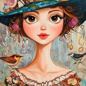 Meisje met Grote Ogen | Meisje met Hoed en Vogels van Blikvanger Schilderijen