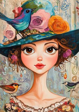 Mädchen mit großen Augen | Mädchen mit Hut und Vögeln