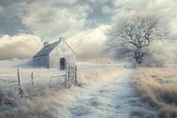 Winter, landscape with a small stone house and a large tree - 