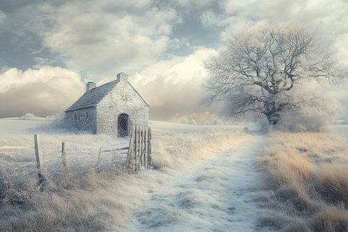 Winter, landschap met een klein stenen huisje en een grote boom - 