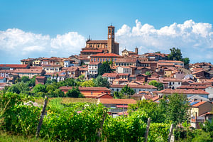 Das Dorf Grana Monferrato mit Weinbergen im Vordergrund, Piemont