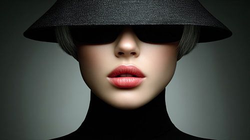 Portrait de mode surréaliste avec chapeau noir et regard caché sur May