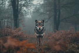 Wolf in dark forest stands still and endorses silence