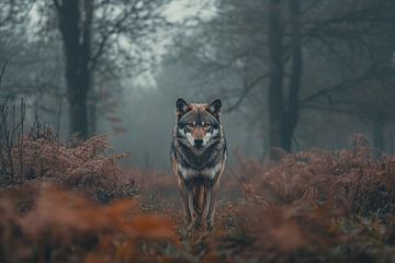 Wolf in donker bos staat stil en onderschrijft de stilte van Digitale Schilderijen