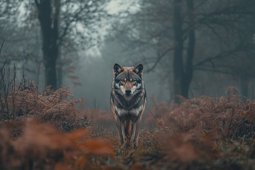 Wolf in donker bos staat stil en onderschrijft de stilte