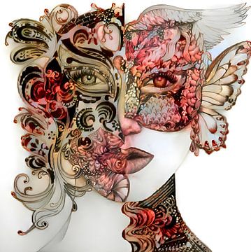 Masquerade- Berries, serie Faces, rood van Mathilde Art, by Mirjam Zunnebeld