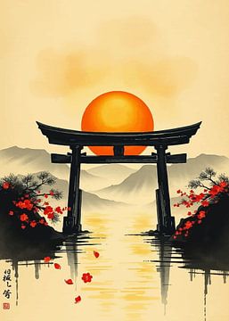 Porte Torii japonaise Paysage au coucher du soleil