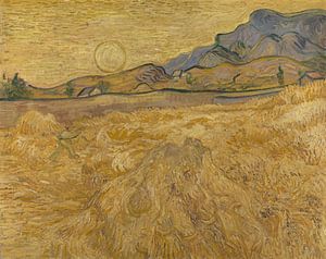 Champ de blé avec moissonneuse et soleil, Vincent van Gogh