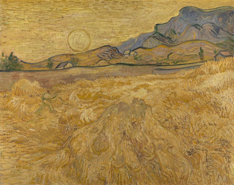 Korenveld met maaimachine en zon, Vincent van Gogh van Meesterlijcke Meesters