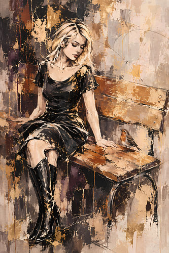 Woman with a robin – chic-style hotel painting