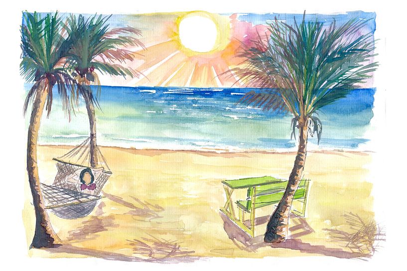 Serene Beach Perfection with Hammock Zen under Palm Trees and Swell by Markus Bleichner