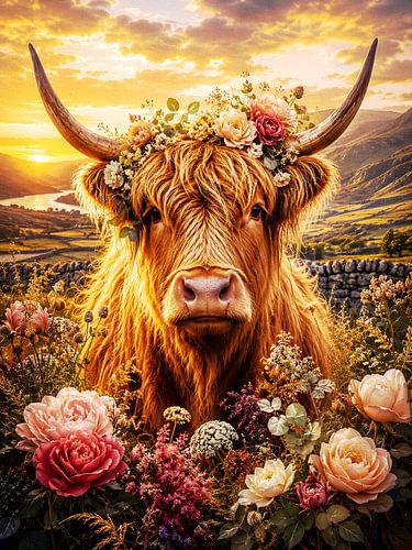 Vache des Highlands au Coucher du Soleil Fleuri