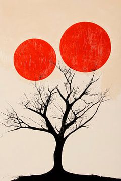 Arbre avec des soleils rouges - Graphisme minimaliste sur Poster Art Shop