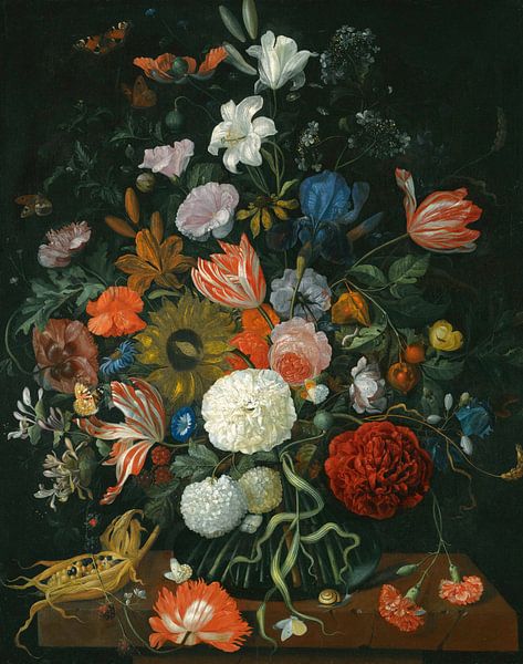 Bloemenstilleven in een vaas op een stenen rand met een maïskolf en een slak, Jacob Rootius van Meesterlijcke Meesters