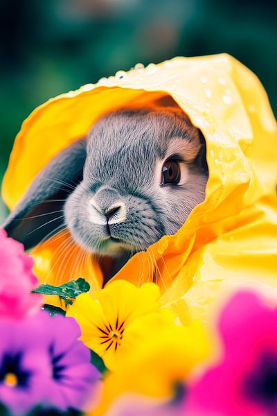 Häschen im Regenmantel zwischen Blumen von Poster Art Shop