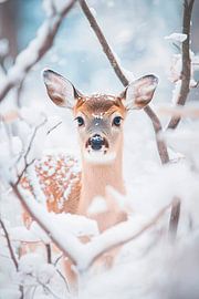 Deer in an enchanted winter forest by Poster Art Shop