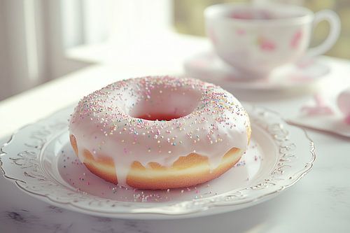 Smaakvolle wanddecoratie met geglazuurde donut – kleurrijke kunst voor bakkerij of koffiehoek