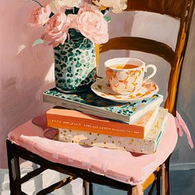 Ochtendthee met boeken en bloemen – schilderij van IamHome Studio