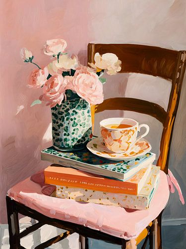 Morning Tea with Books and Flowers Painting