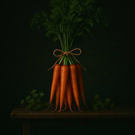 Carrot bouquet - Still life in dark green and orange by Kleurenrijk