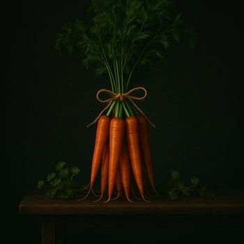 Bouquet de carottes - Nature morte en vert foncé et orange