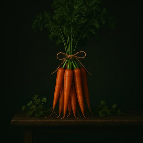 Wortelboeket – Stilleven in donkergroen en oranje