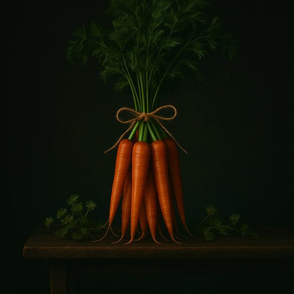 Karottenstrauß - Stilleben in Dunkelgrün und Orange von Kleurenrijk